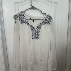 White House Black Market White Blouse with Blue Embroidery